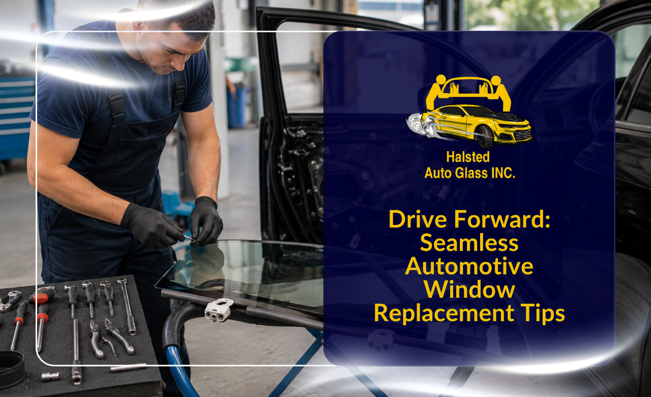 Technician preparing door glass for automotive window replacement