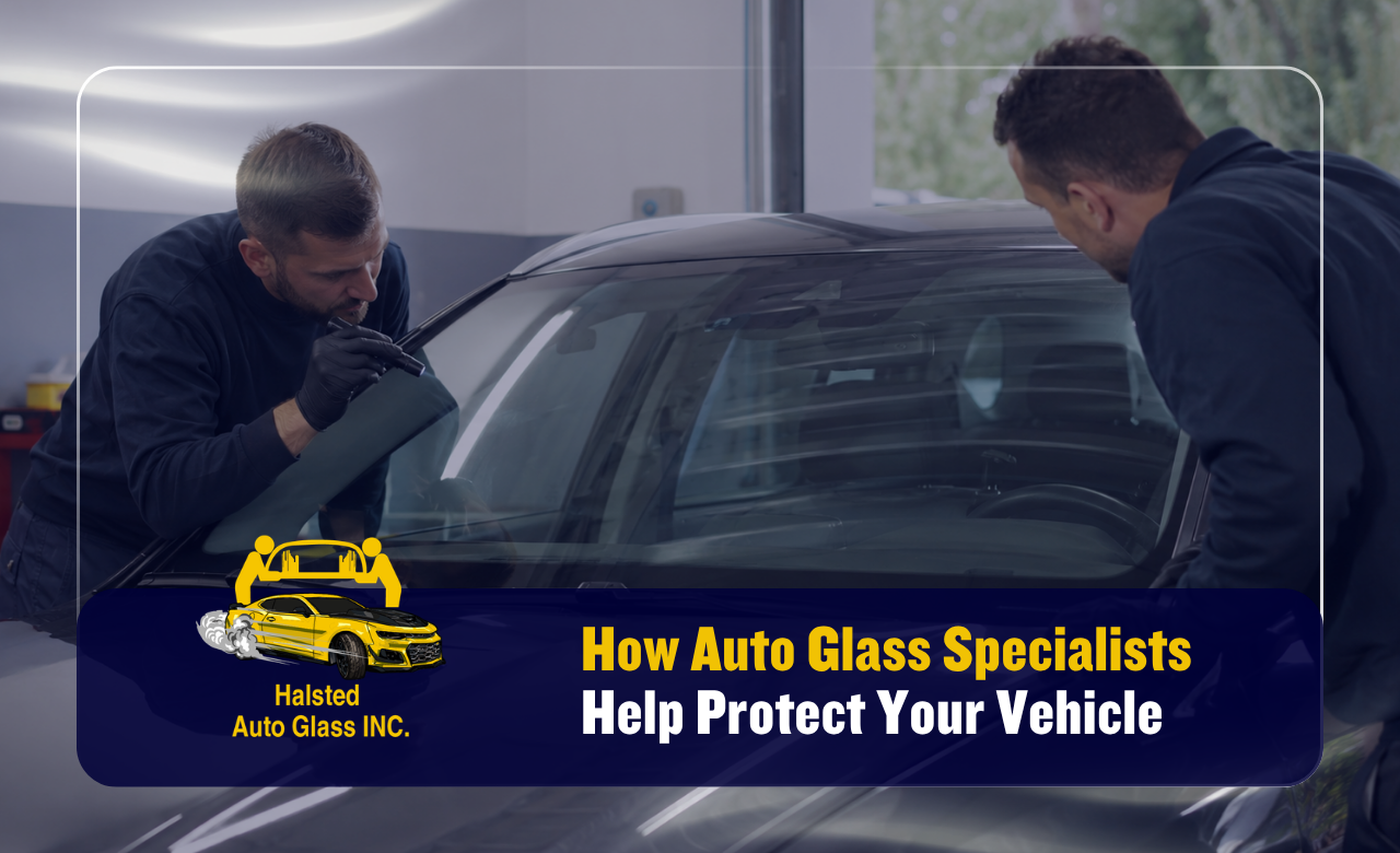 Auto glass specialists inspecting a vehicle windshield
