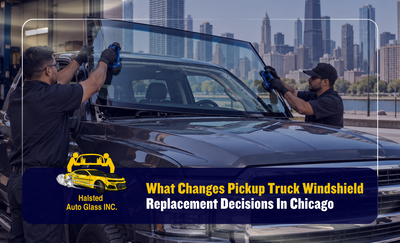 Pickup truck windshield replacement in Chicago with model-specific glass fitting