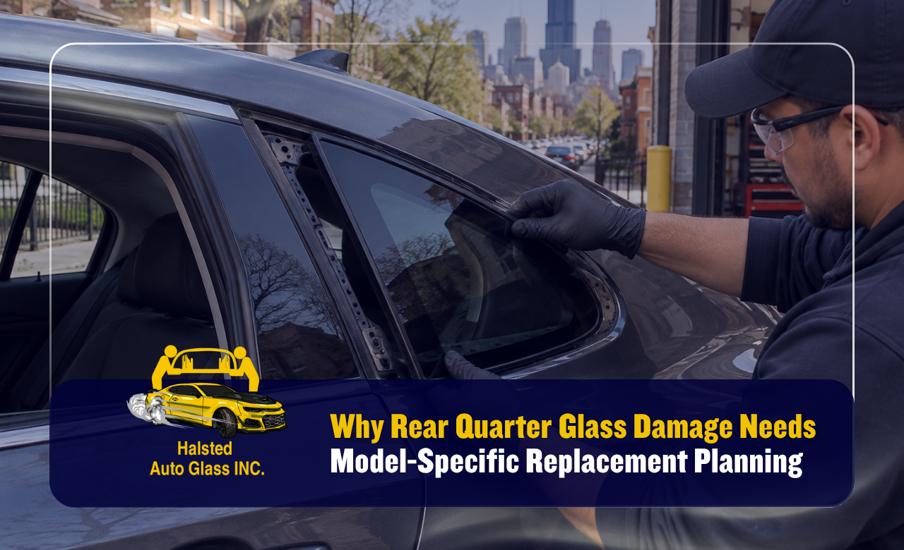 Rear quarter glass replacement in Chicago on a residential passenger vehicle